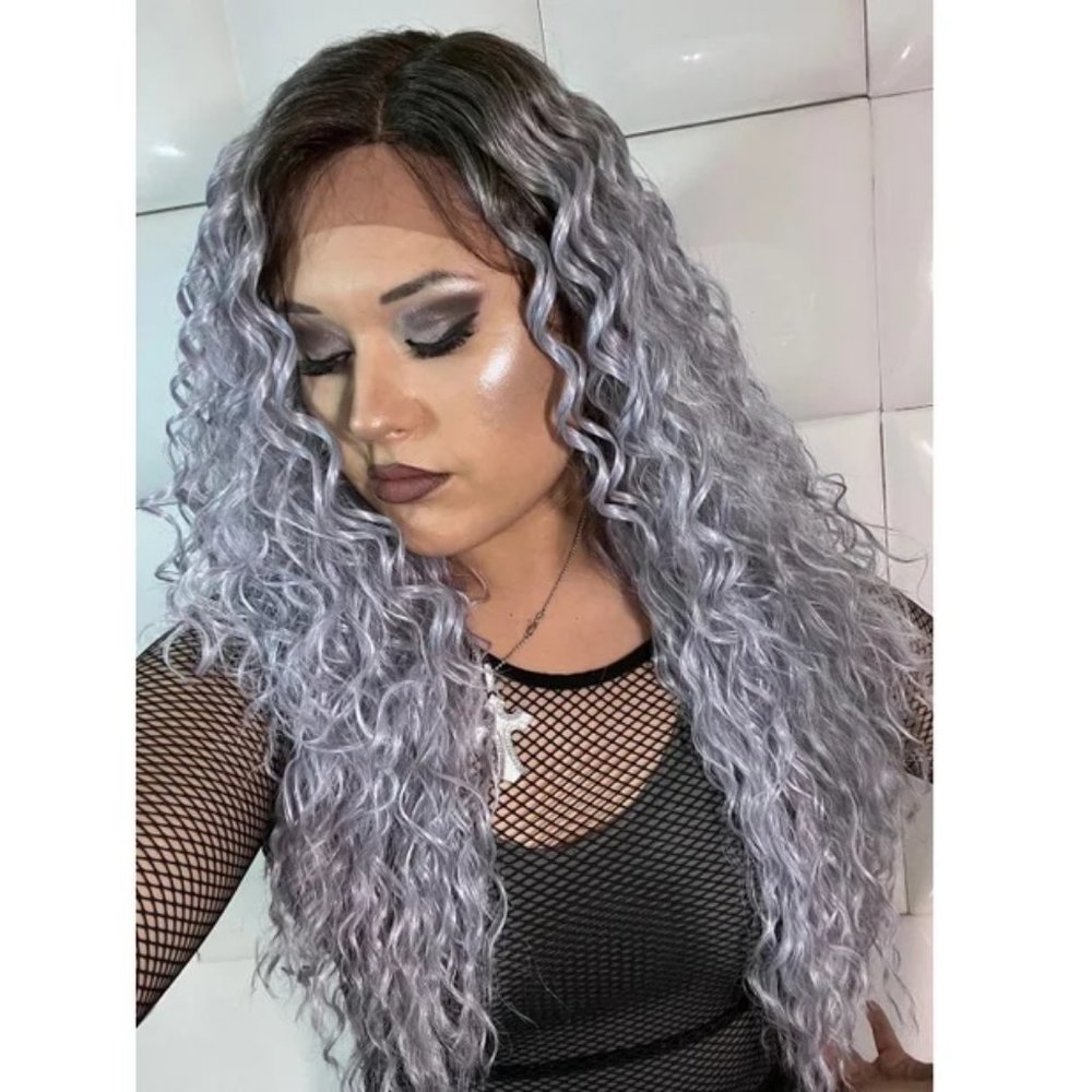Long Curly LAVENDER Lace Front Wig - Pastel Purple Hair Dark Roots SENSATIONNEL